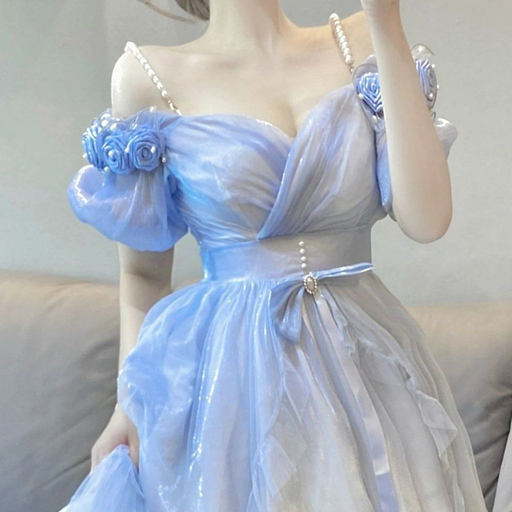 Blue Rose Bubble Sleeve Gradient Princess Lolita Women Dress #1259 - Picture 6 of 6